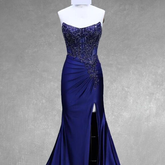 New Strapless Elegant Sheath Gown w/ Scoop Neck & Sheer Beaded Bodice AC 8059 - Picture 1 of 9
